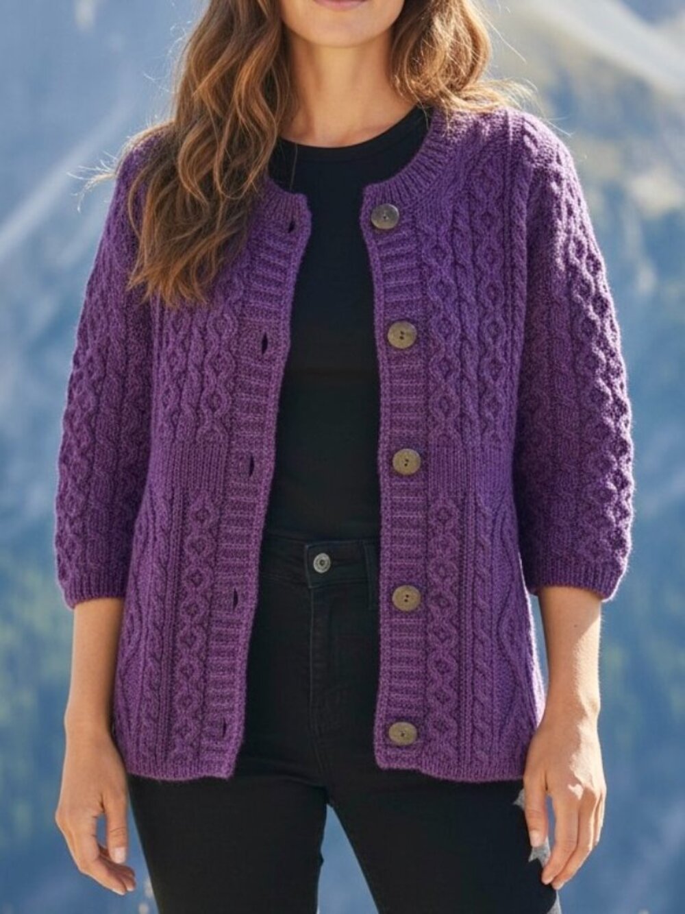 Kilronan Cardigan Sweater Chunky Knit Wool Ireland Purple (S)